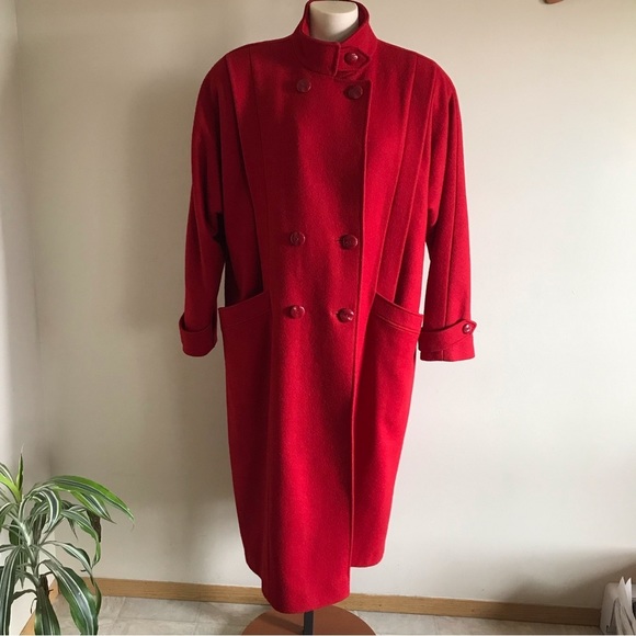 Vintage Jackets & Blazers - Vintage Sears Tradition Long Red Wool Trench Peacoat Plus Size 16